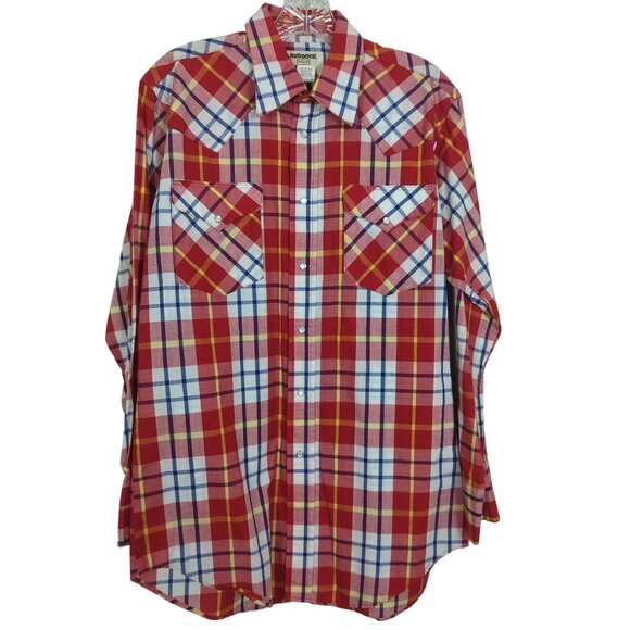 Vintage Ruddock Men's Long-Sleeve Shirt Red Plaid Western Shirt Pearl Snap sz M - Picture 1 of 16
